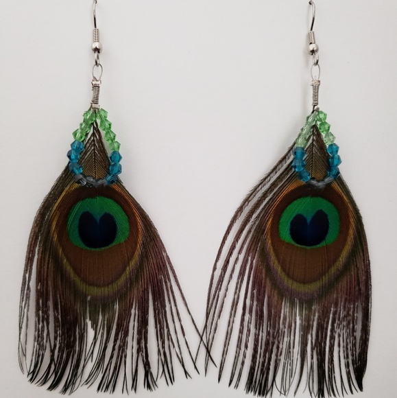 Peacock feather earrings with crystals. - Picture 1 of 1